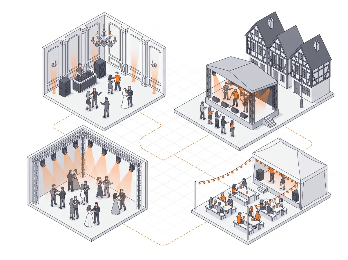 Illustration: vier Veranstaltungen, Hochzeit im Schloss, Bühne auf dem Marktplatz, Abiball und Zeltfest