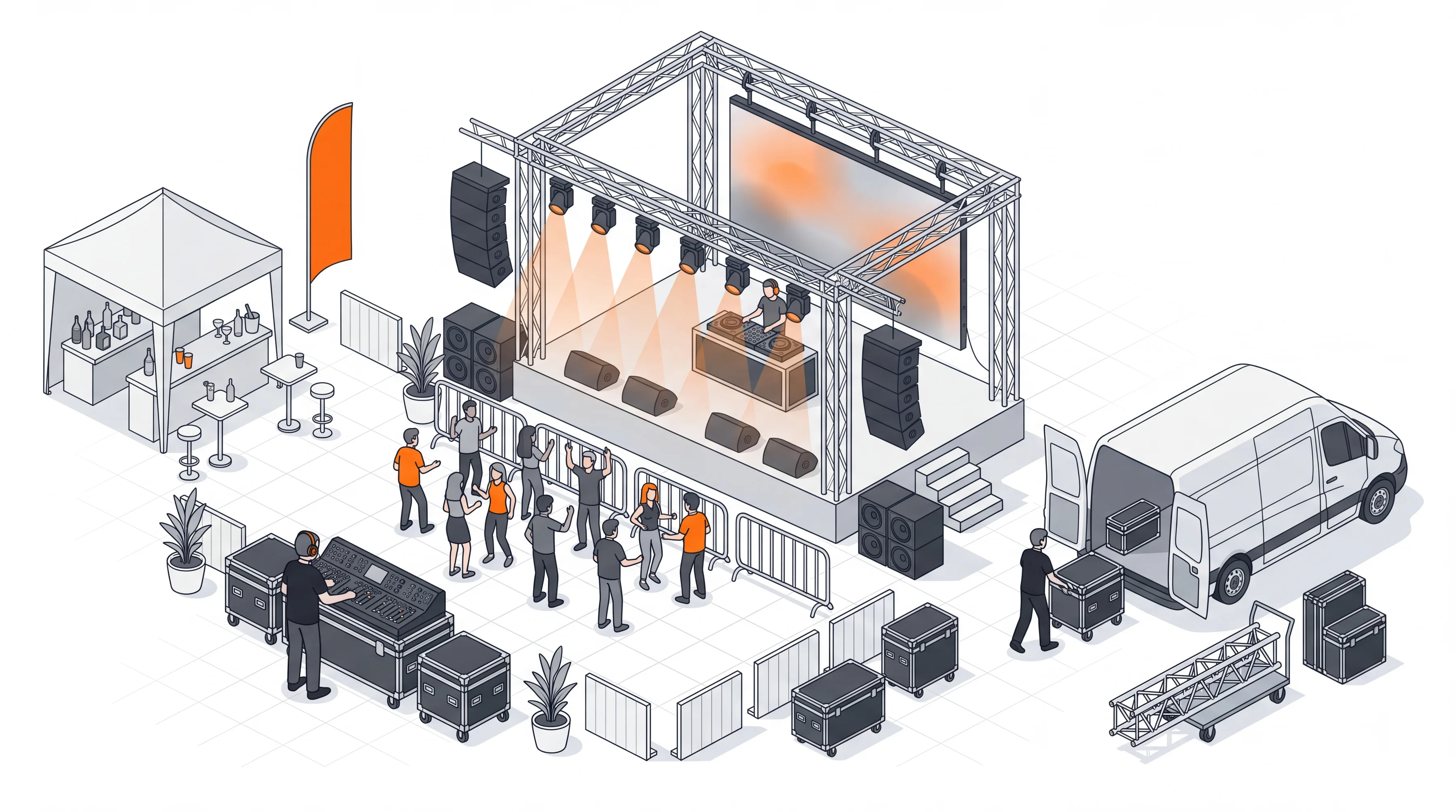 Isometrische Illustration einer Veranstaltung: Bühne mit Traverse, Scheinwerfern, LED-Wand und PA, DJ-Pult, Publikum, Regieplatz, Pavillon mit Theke und ein Transporter mit Flightcases